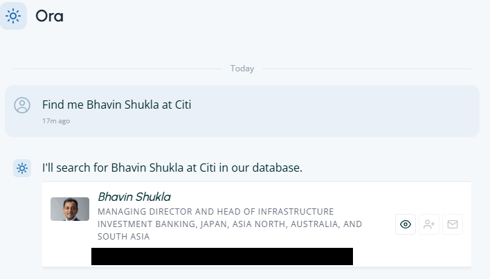 Octum_official's tweet image. Asking finanical AI agent #Ora at #Octum, find me Bhavin Shukla @Citi