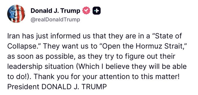 usaimarco87's tweet photo. Trump : L'Iran ci ha appena informato che sono in una "Situazione di Collasso." Vogliono che "apriamo lo Stretto di Hormuz," il prima possibile, mentre cercano di capire la situazione della loro leadership (Cosa che credo saranno in grado di fare! Grazie per l'attenzione... https://t.co/v8hnTALVJX