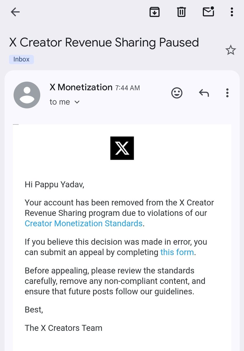 PappuY34's tweet photo. Dear Support Team,

Today, the monetization on my X account was suspended without any apparent reason. No specific cause was provided.

I am a social worker, and all my posts are positive, responsible, and meaningful. I have not violated any rules, and I adhere to all of X's policies and guidelines with the utmost care.

I humbly request that you please review my appeal and reinstate my monetization as soon as possible.

Thank you.
Pappu Yadav 
@nikitabier 
@XCreators 
@X @elonmusk
