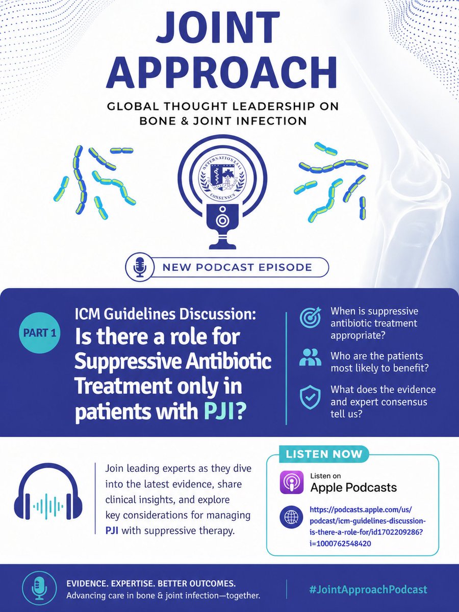 🎙️ New episode out!

ICM Guidelines Discussion:
 “Is there a role for Suppressive Antibiotic Treatment in PJI?” (Part 1)
A must-listen for clinicians, researchers, and anyone involved in musculoskeletal infection care.  
Listen now 👇
 podcasts.apple.com/us/podcast/icm…