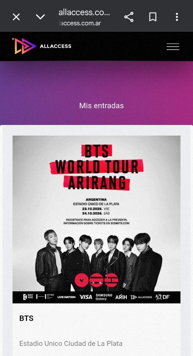 sjkathy7's tweet image. 📣💜 VENDO UNA ENTRADA PARA BTS EN ARGENTINA 23/10!!!!!!

‼️SECTOR CAMPO.

la vendo literalmente al precio que me salió (402k) ya que no busco beneficio económico. 

si alguna esta interesada me habla porfavor 🙏🏽

#BTS_ARİRANG #BuenosAires
