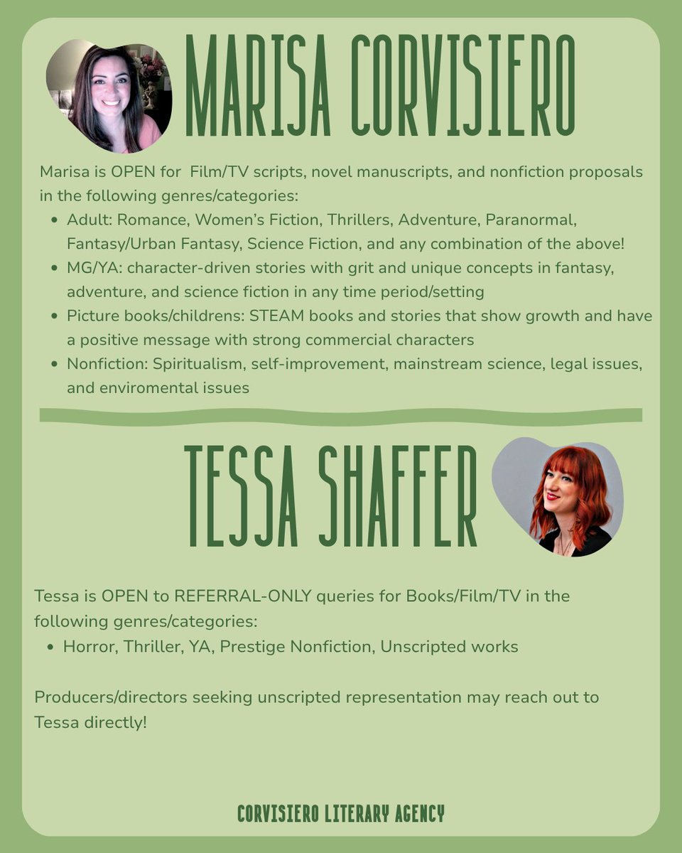 CorvisieroLit's tweet photo. Here is a quick look at what our agents open to queries are looking for! If you see your genre, head to our website to learn more about exactly what they're looking for 🔍

#queryletters #queryadvice #writers #writingcommunity #mswl #manuscriptwishlists #corvisieroliteraryagency https://t.co/HedJDSuUY1