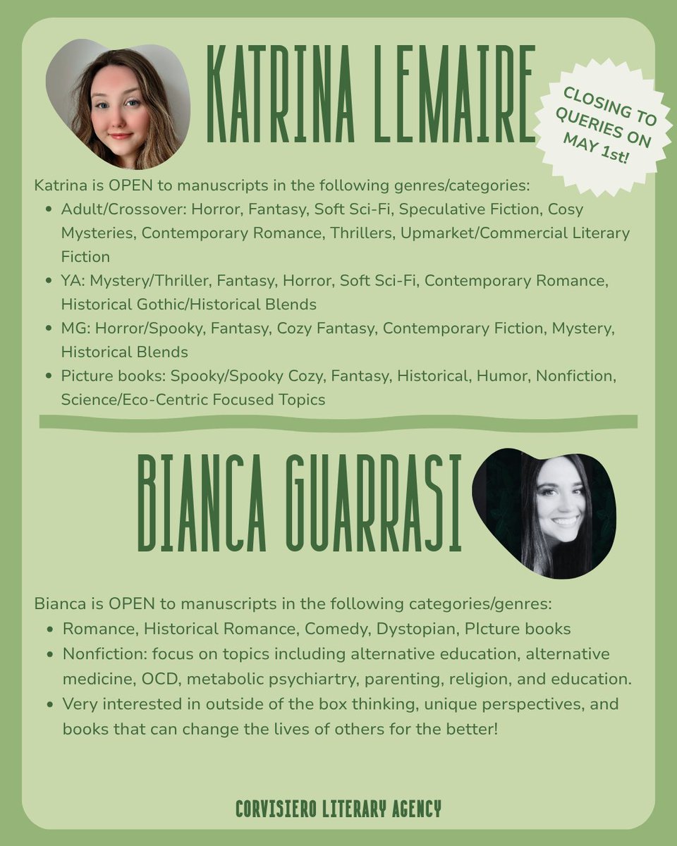 CorvisieroLit's tweet photo. Here is a quick look at what our agents open to queries are looking for! If you see your genre, head to our website to learn more about exactly what they're looking for 🔍

#queryletters #queryadvice #writers #writingcommunity #mswl #manuscriptwishlists #corvisieroliteraryagency https://t.co/HedJDSuUY1