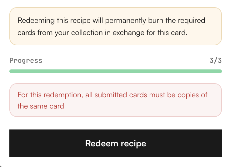 0x343x's tweet photo. @carte_gg hey @carte_gg , is there a bug with the 5-6-7 recipes? a bunch of them do this, while some of them work as expected - https://t.co/U4YavFyuIL