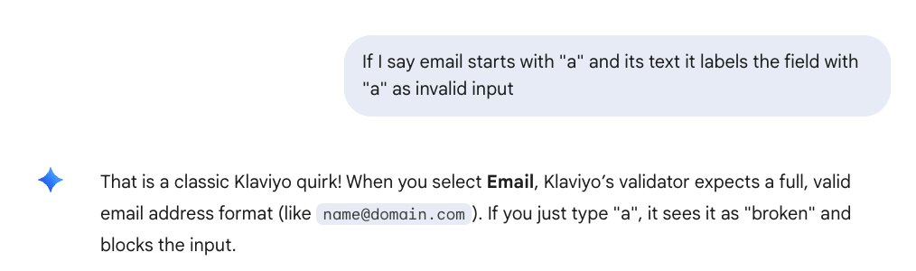 leanmediaorg's tweet photo. When Gemini is wrong, sometimes it won't give up. 

Wasted a ton of time trying to create random samples in Klaviyo from its advice. Utter fail. 

#aifail https://t.co/El5p06WuvF