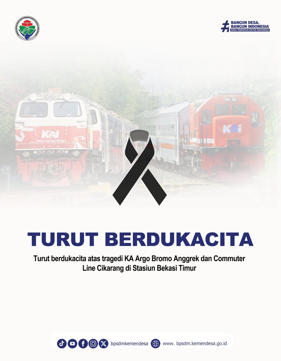 Turut berduka cita atas tragedi yang melibatkan KA Argo Bromo Anggrek dan Commuter Line Cikarang di Stasiun Bekasi Timur.

Semoga para korban mendapatkan tempat terbaik di sisi-Nya, dan keluarga yang ditinggalkan diberi kekuatan serta ketabahan menghadapi cobaan ini.