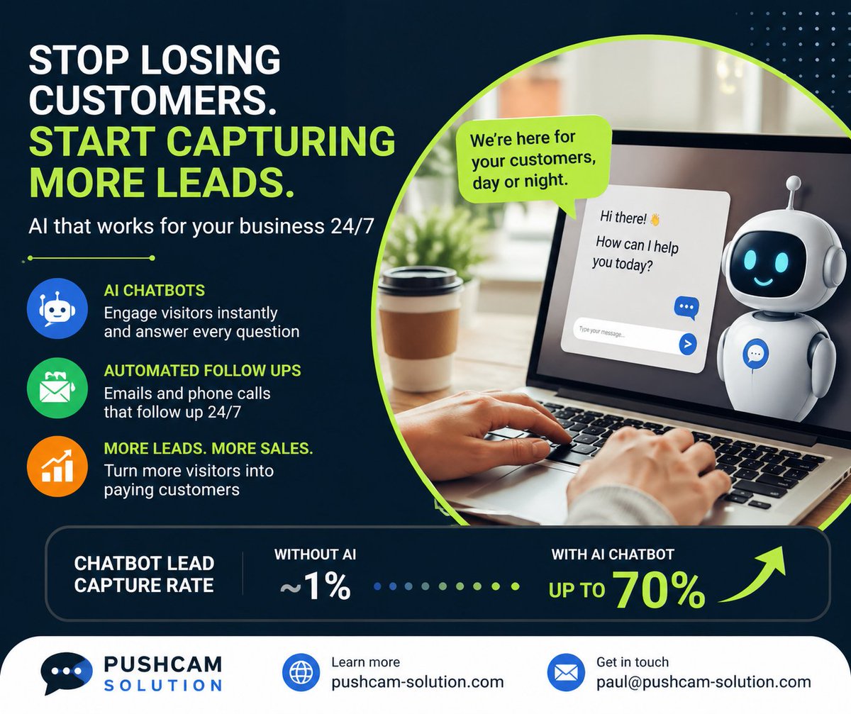 PushcamSolution's tweet image. Losing customers to slow replies?

We add AI chatbots + 24/7 follow-ups to capture up to 70% of leads.

🌐 pushcam-solution.com
📩 paul@pushcam-solution.com

#AI #LeadGeneration #Automation #SmallBusiness #Chatbots #Growth #aiforbusiness #chatbots #chatbot #leadgen #aiwebsites