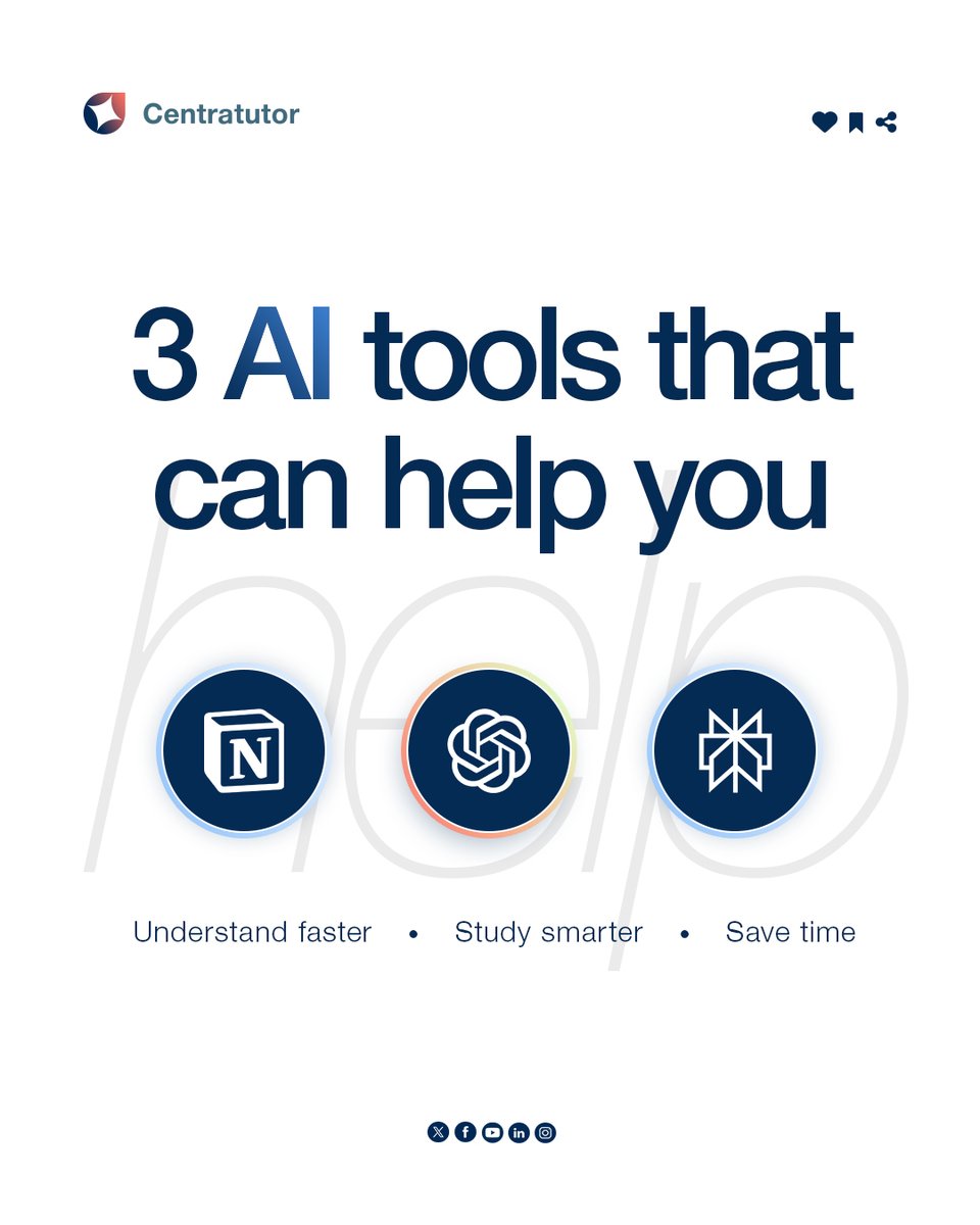 Centratutor's tweet photo. Smart students use AI to understand faster. Others use AI to copy answers.  
Big difference.  

Tools worth learning: 
ChatGPT 
Claude Perplexity AI 
Notion 
Grammarly 
NotebookLM  

Be honest: Which one do you actually use? 👇 https://t.co/IOsw2cCQi4