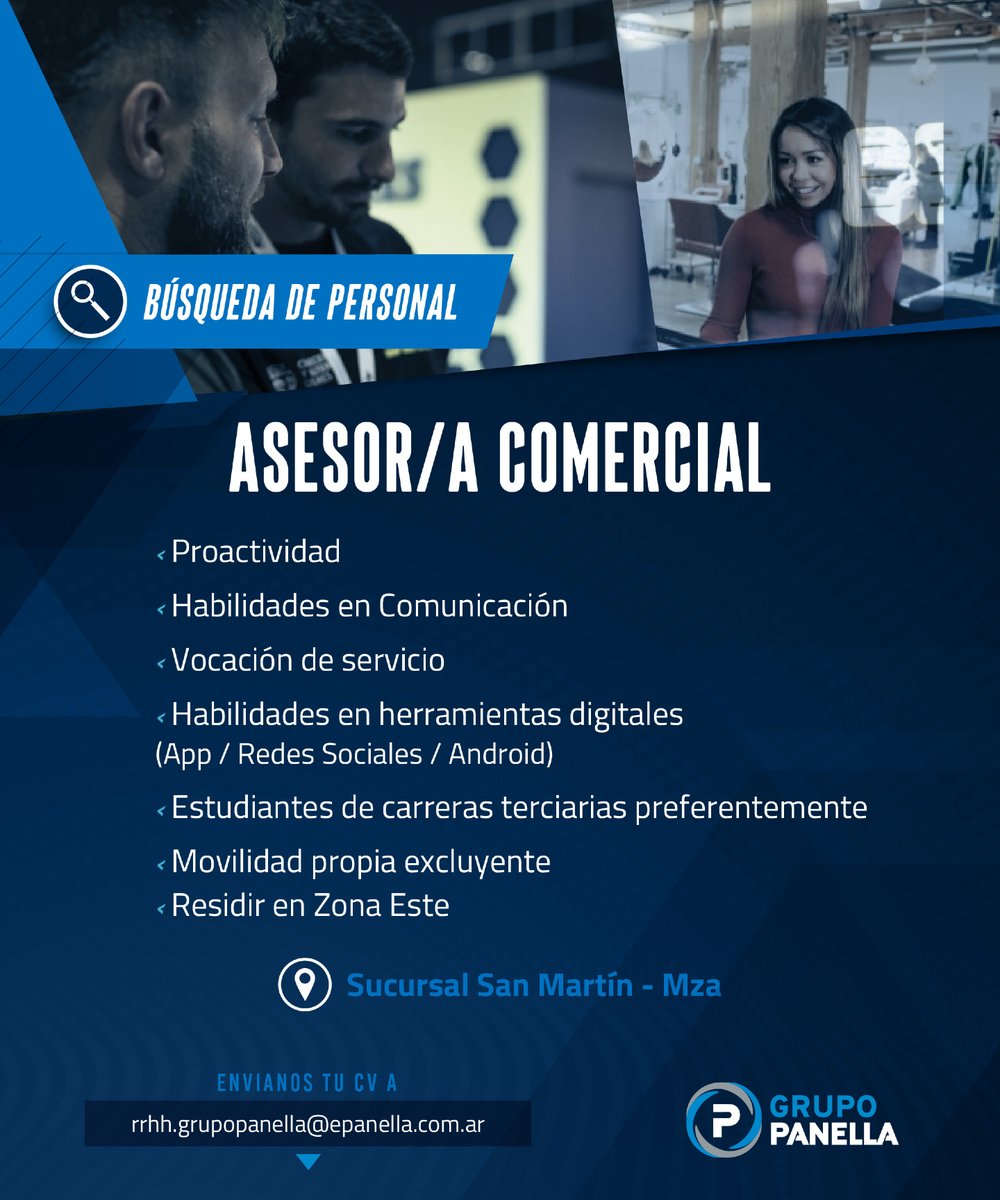 🔍 ATENCIÓN 💼✨ Estamos en la búsqueda de ASESOR/A COMERCIAL para SUCURSAL SAN MARTÍN

🤝 Si cumplís los requisitos 📩 Enviá tu CV a: rrhh.grupopanella@epanella.com.ar

#GrupoPanella #Empleo #BúsquedaLaboral #EmpleosMendoza