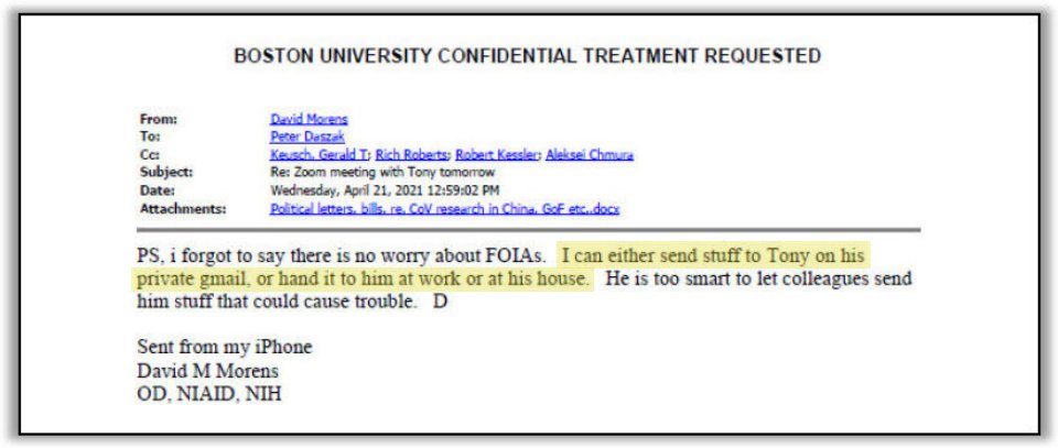 zerohedge's tweet image. Fauci advisor David "no worry about FOIAs" Morens indicted. 

In April 21, 2021 he worked with co-conspirators Peter Dazsak (@peterdaszak) and others, to keep Covid schemes secret from public inquiry by "handing stuff to him at work or in his house."