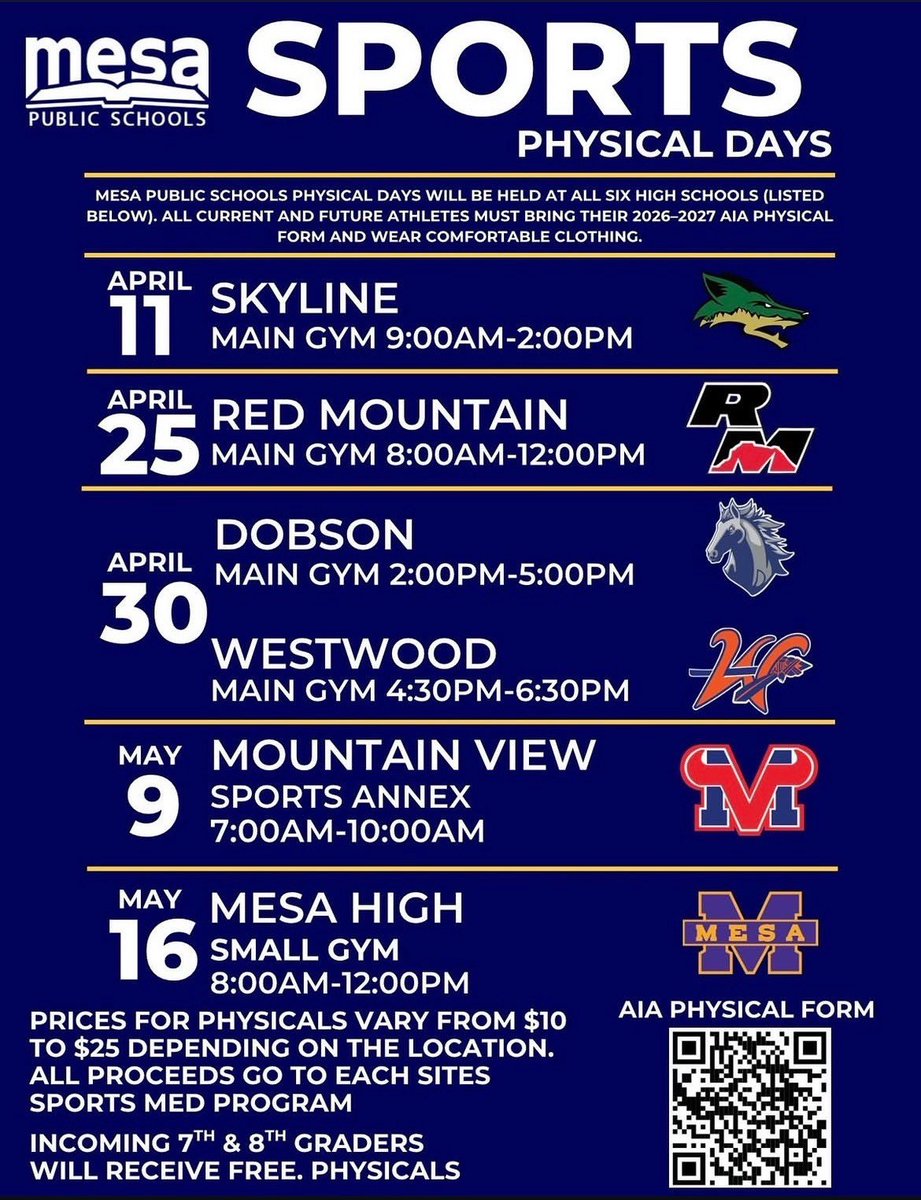 Mesa_FB's tweet photo. Sports Physicals (Get this done before the fall)

Use the QR Code to print out the AIA Physical Form
Wear comfortable clothing

May 16, 2026
8:00 A.M. - NOON!
Mesa HS Small Gym
$10 - $25 Depending on location
Incoming 8th graders FREE

All Proceeds Go to Our Sports MED Program

@Jackrabbits2026
@coachCamngaue
@CoachJSchrock
@Coach_Gloden
@MMcoach12
@MesaHSathletics