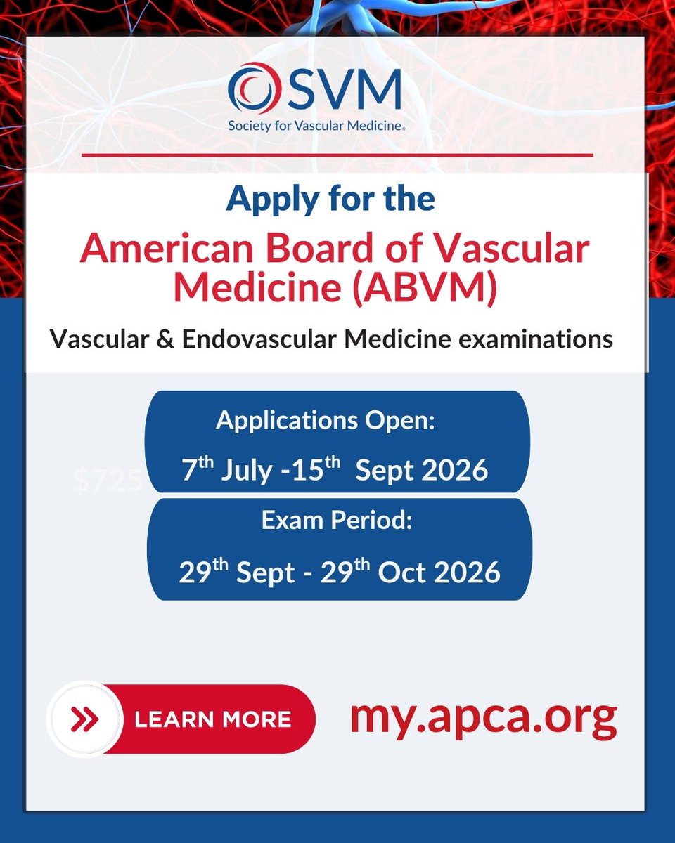 SVM_tweets's tweet photo. Take the next step in Vascular Medicine.
Apply for the ABVM Exam.

Applications open: 7 July–15 Sept 2026
Exam: 29 Sept–29 Oct 2026
https://t.co/Y1YcNEMQhj

#ABVM #MedEd #SVM https://t.co/n1k2BwWYDf