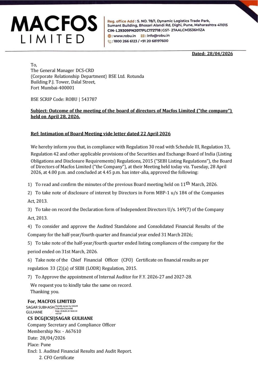 nileshkurhade's tweet photo. 📌 Macfos Ltd informed the exchange about its approval for the financial results for the period ended March 31, 2026. #SME #ROBU 📄🧾 https://t.co/mDRsWpZIrS