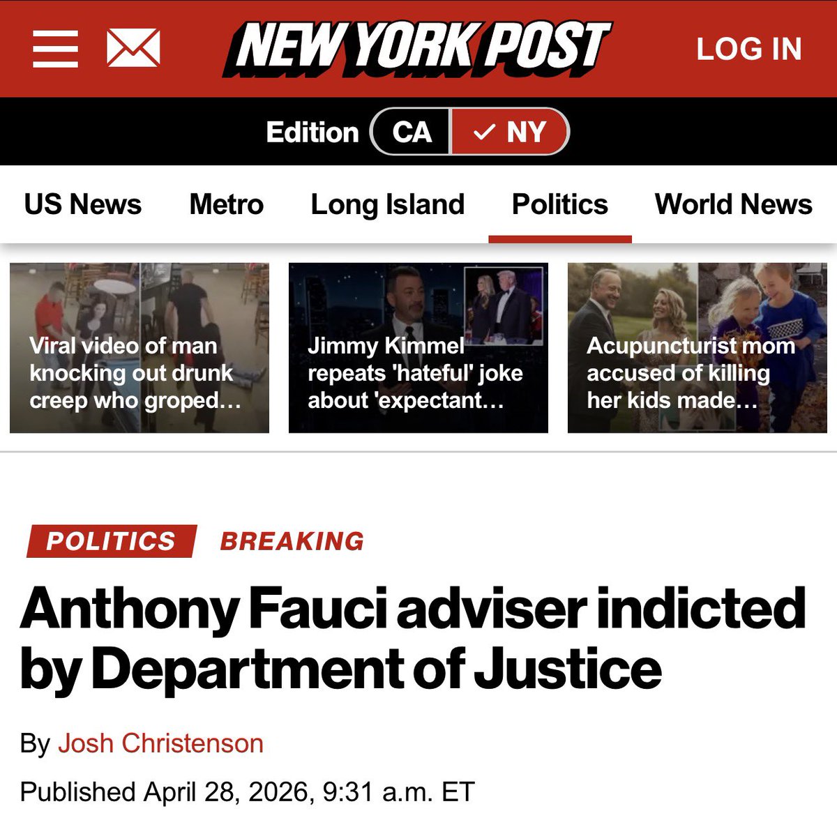 MORE HAPPENINGS: Anthony Fauci adviser indicted by Department of Justice

David Morens, 78, has been charged with conspiracy against the United States; destruction, alteration, or falsification of records in federal investigations; concealment, removal, or mutilation of records;
