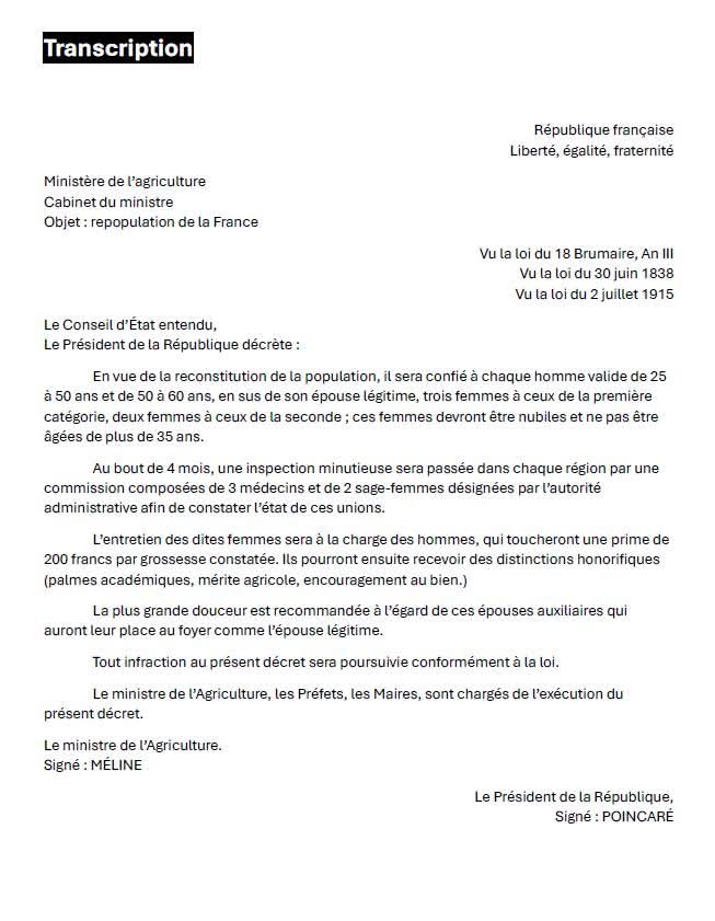 Petit_Lay's tweet photo. Les #AD44 ont ressorti un curieux décret diffusé pendant la guerre 14-18, annonçant que pour reconstituer la population, il sera confié à chaque homme valide, en sus de son épouse légitime, plusieurs femmes. Avec contrôle de l'autorité administrative et primes de grossesse ! 🤭 https://t.co/xP6QCo2no3