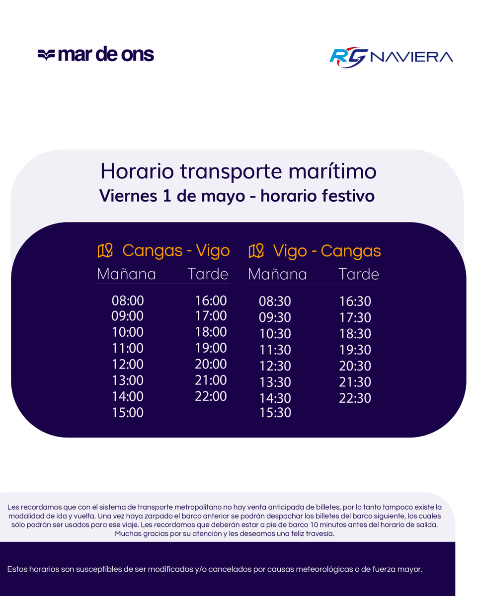 MardeOns's tweet photo. Aquí os dejamos los horarios de nuestro transporte marítimo que conecta Vigo - Cangas/ Cangas - Vigo para este viernes día 1 de mayo, Festivo Nacional. 🗓️

Nos vemos para navegar por la Ría de Vigo. 

Somos Ría de Vigo
Somos Mar de Ons https://t.co/1e4YF30Tb3