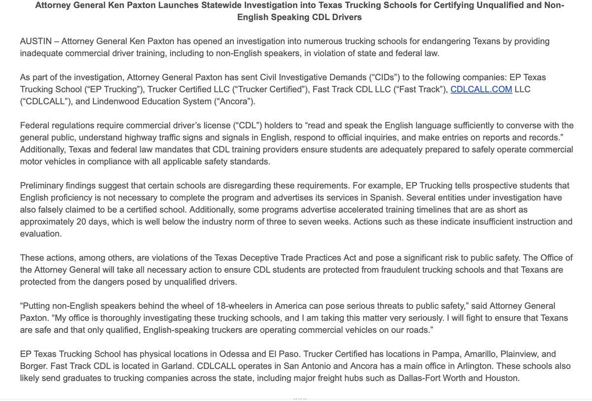 bwaltens's tweet image. NEW: Texas AG @KenPaxtonTX  launches statewide probe into trucking schools accused of certifying unqualified, non-English-speaking CDL drivers.

Investigators say some programs cut corners with fast-track training and ignore federal safety requirements.