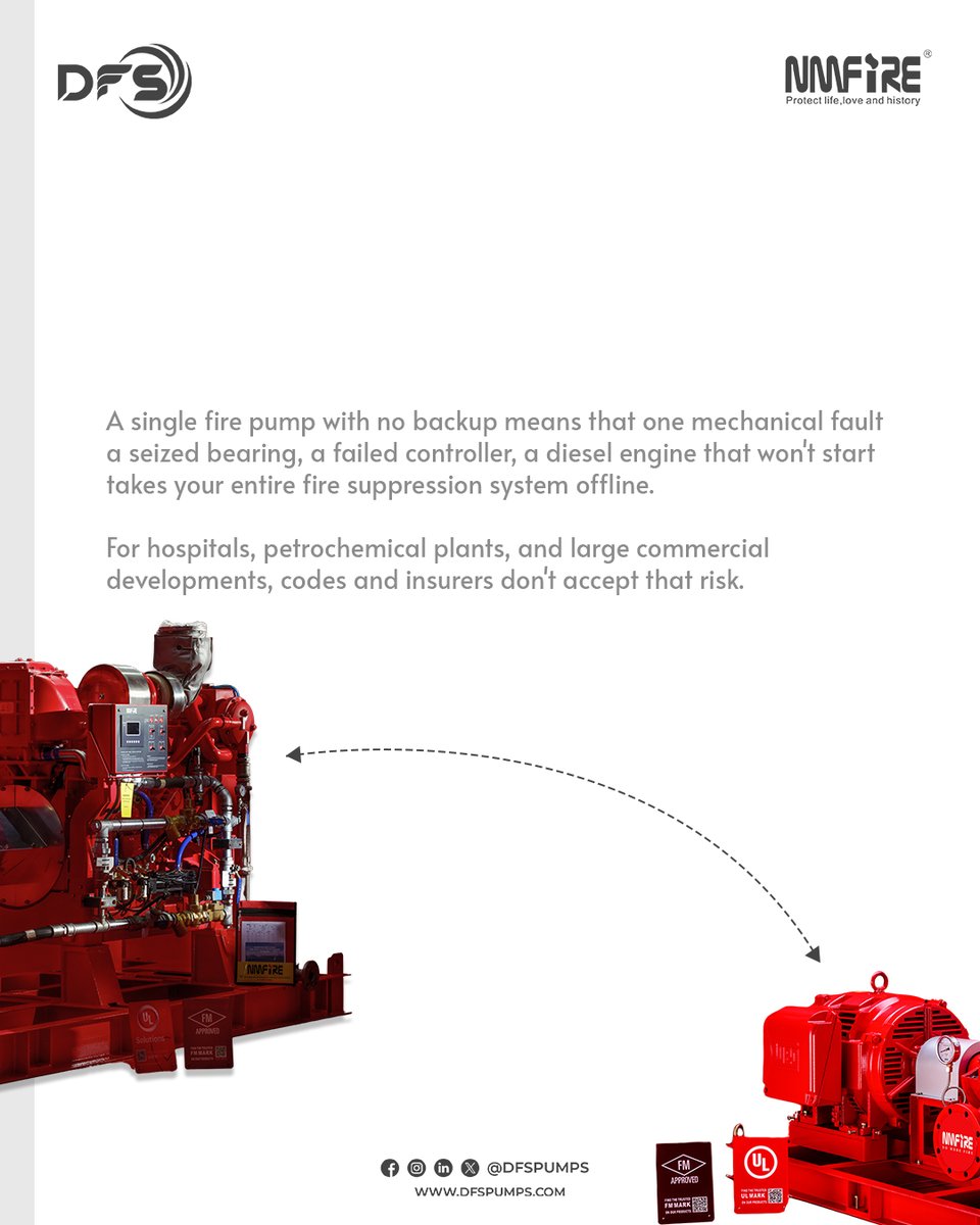dfspumps's tweet image. At #DFS Pumps, we supply complete £NMFIRE pump packages configured exactly this way. Electric driver, diesel driver, jockey pump, controllers, and base frame. Fully packaged, UL listed, FM approved, and sized for the project from the first technical discussion.

#x #FireSafety