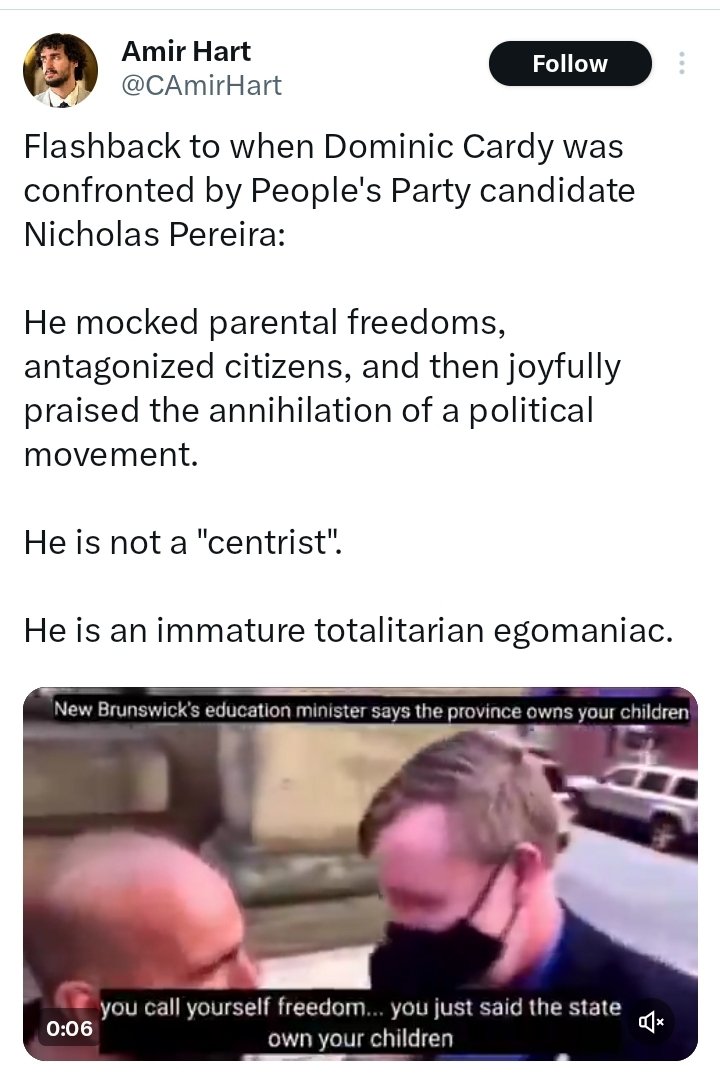 Former NB Minister of Education Dominic Cardy, another "Progressive" Conservative, said that children belong to the province (watch him say it 👇).

Current Liberal NB Premier <a href="/susanholt/">Susan Holt</a> calls parental rights "bullshit".

x.com/i/status/18238…

⚠️ Parents Beware!