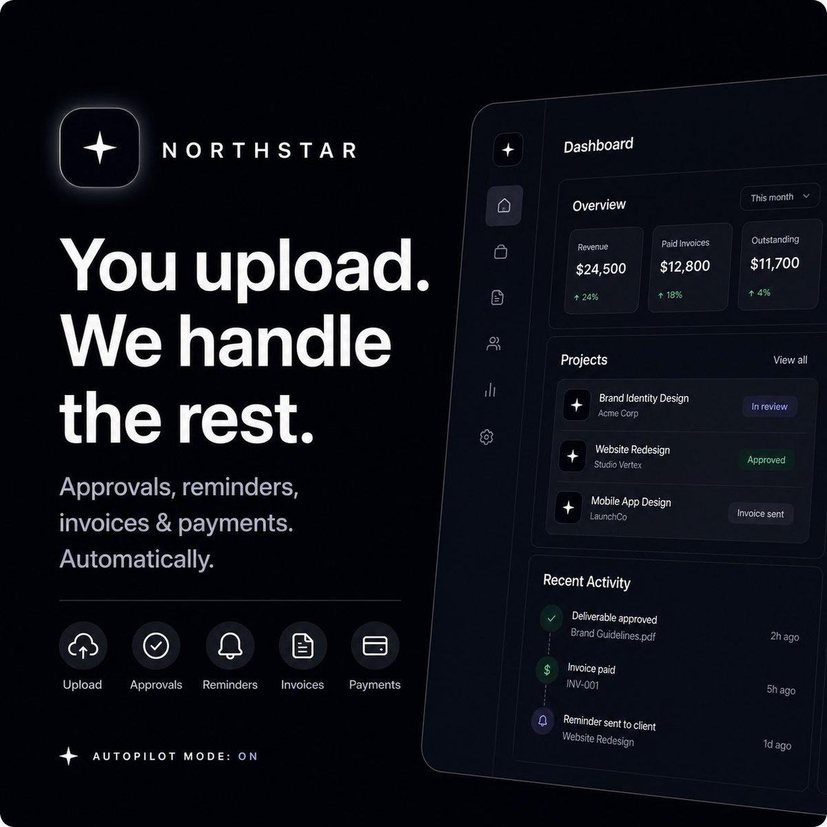 northstarbuild_'s tweet image. You upload.
We handle the rest.

No more:
– chasing clients
– sending reminders
– waiting for payments
Northstar automates everything after you deliver.
Just upload your work.
We take care of approvals, follow-ups &amp;amp; getting you paid.
#northstar #freelancer #agencylife #automation