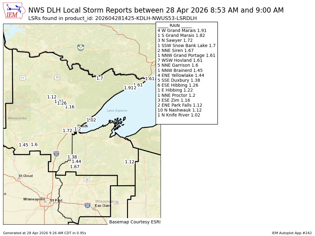 iembot_dlh's tweet image. At 8:55 AM CDT, 1 NNW Brainerd [Crow Wing Co, MN] Mesonet reports Rain of 1.45 Inch. Mesonet station GW4072 BRAINERD. #mnwx mesonet.agron.iastate.edu/lsr/?by=wfo&amp;amp;wf…