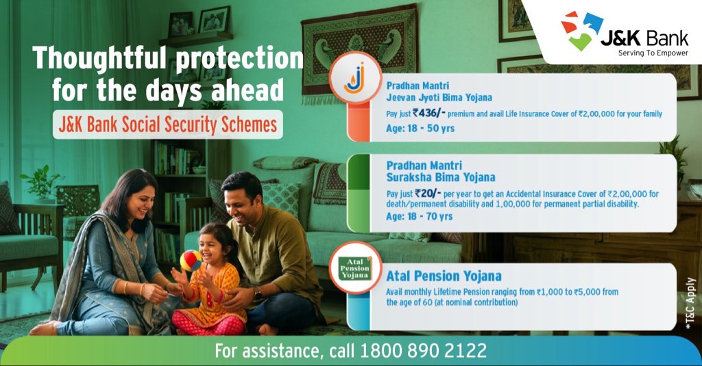J&amp;K Bank offers government-backed social security schemes that provide financial protection at affordable costs, helping you and your family stay prepared for uncertainties.

To know more about our products/services, visit our official website Link : jkb.bank.in