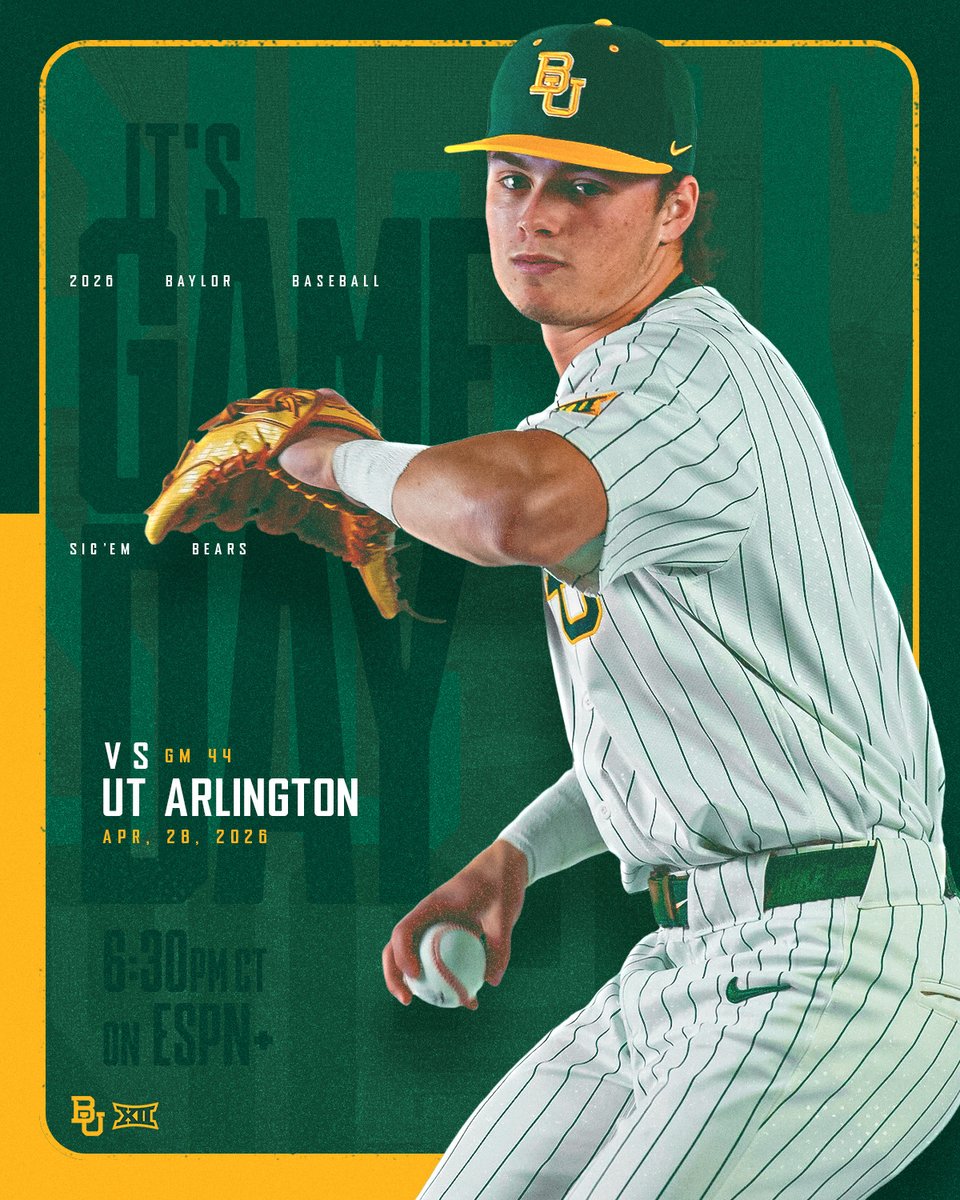 BaylorBaseball's tweet image. Back on the Brazos 🔰

🆚 UT Arlington
⏰ 6:30 p.m. CT
📍 Waco, Texas
🏟 Magnolia Field at Baylor Ballpark 
🔰 $2 Tuesday 
🔗: linktr.ee/baylorbaseball

#SicEm 🐻⚾️ | #Together
