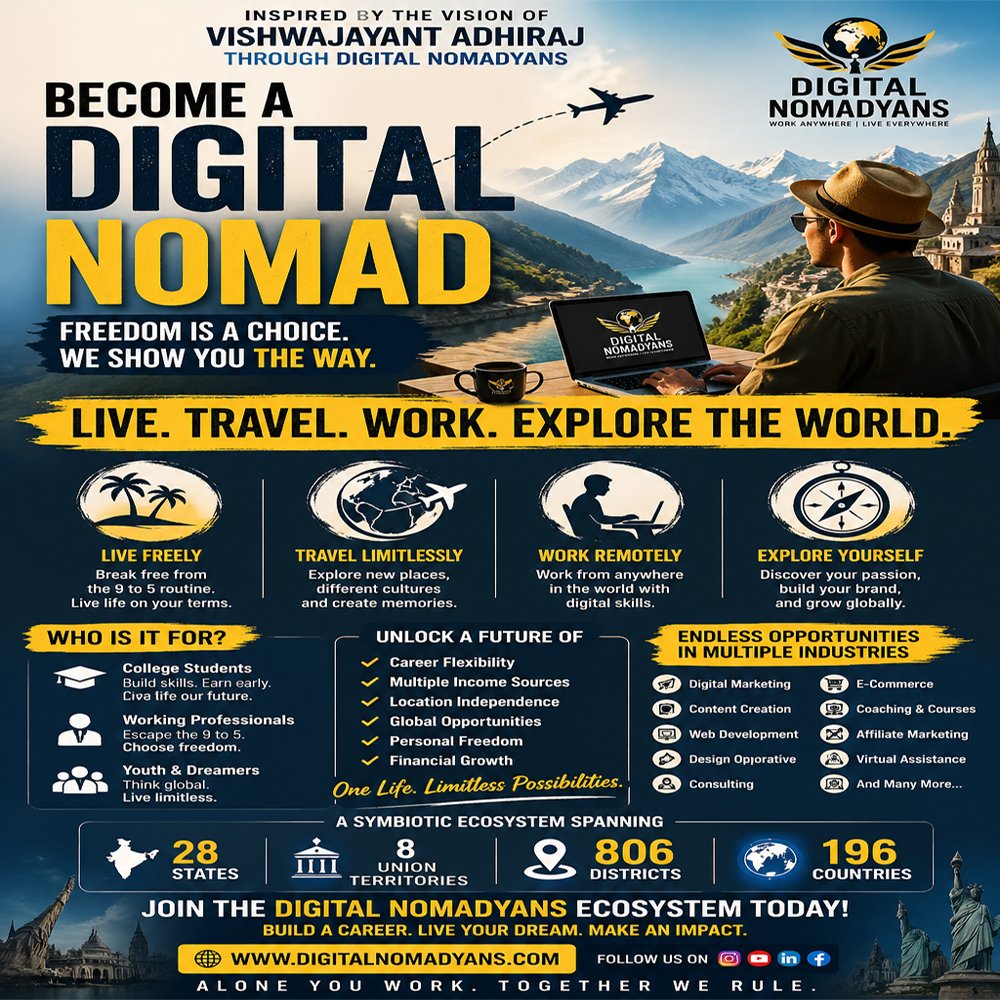 digitalnomadyan's tweet image. Alone you work. Together we rule.

28 States | 8 UTs | 806 Districts | 196 Countries
Live. Travel. Work. Explore India &amp;amp; World.
Freedom. Remote Career. Global Lifestyle.
Join now 👉 digitalnomadyans.com
#DigitalNomad #RemoteWork #FreedomLifestyle #WorkFromAnywhere