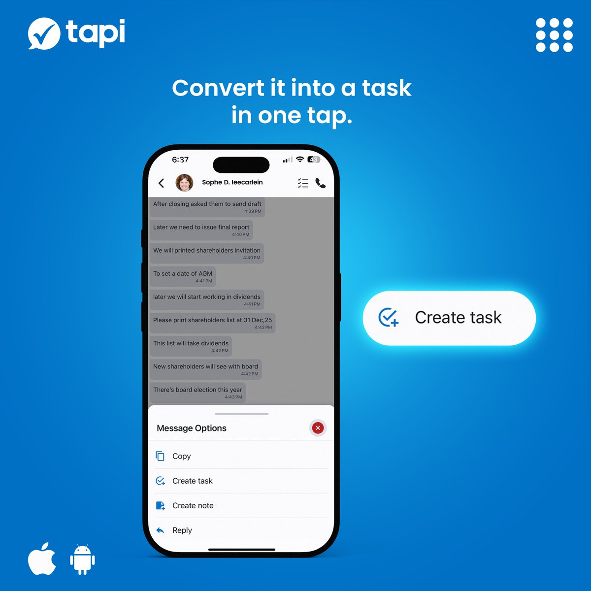 TapiLtd's tweet photo. Messages get lost. Tasks shouldn’t.

Turn any message into a task in seconds.
Stay on track. Stay in control.

Only on Tapi.

Download now: 🔗 https://t.co/1ALiELsTmd
#MeetTapi #Tapi #WorkSmarter #Productivity #AllInOne #TeamWork https://t.co/AFAq9osJek