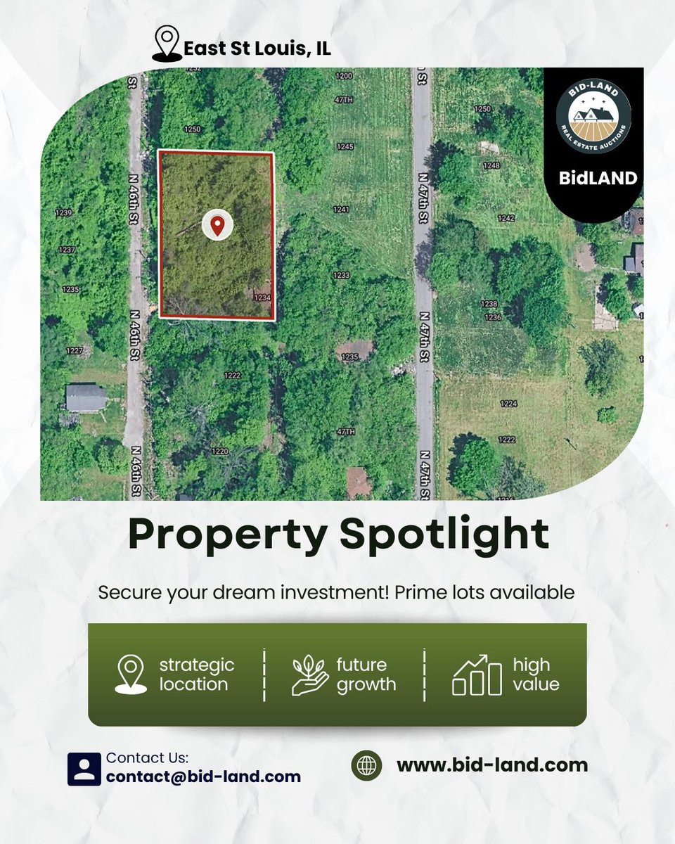 bid__land's tweet image. New listing of a Large Residential lot for investment in East St. Louis, IL
📍 1234 N 46TH ST, East St Louis, IL, 62204 
 Lot Size: 175 X 120 Sq ft 
 County: St. Clair

👉 Explore land listings: bid-land.com/product/175-x-… 

#RealEstateGrowth #LandOpportunity #VerifiedListings #usa