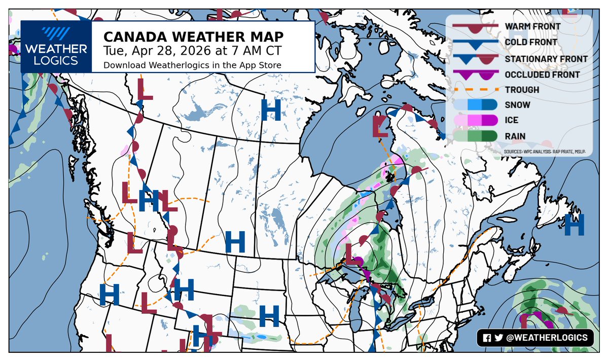 weatherlogics's tweet image. Canada weather map - Tuesday, April 28, 2026

#bcwx #abwx #skwx #mbwx #onwx #meteoqc #nbwx #nswx #pewx #nlwx