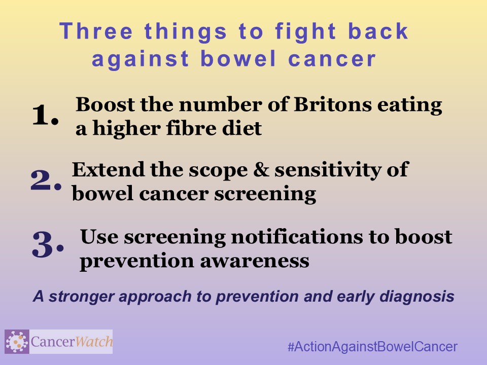 CancerwatchUK's tweet photo. As Bowel Cancer Awareness Month draws to an end, our Action Against Bowel Cancer campaign continues. 

We're calling for three key steps that could help radically reduce deaths from bowel cancer in the future.👇 #ActionAgainstBowelCancer https://t.co/zexIOZqmm5