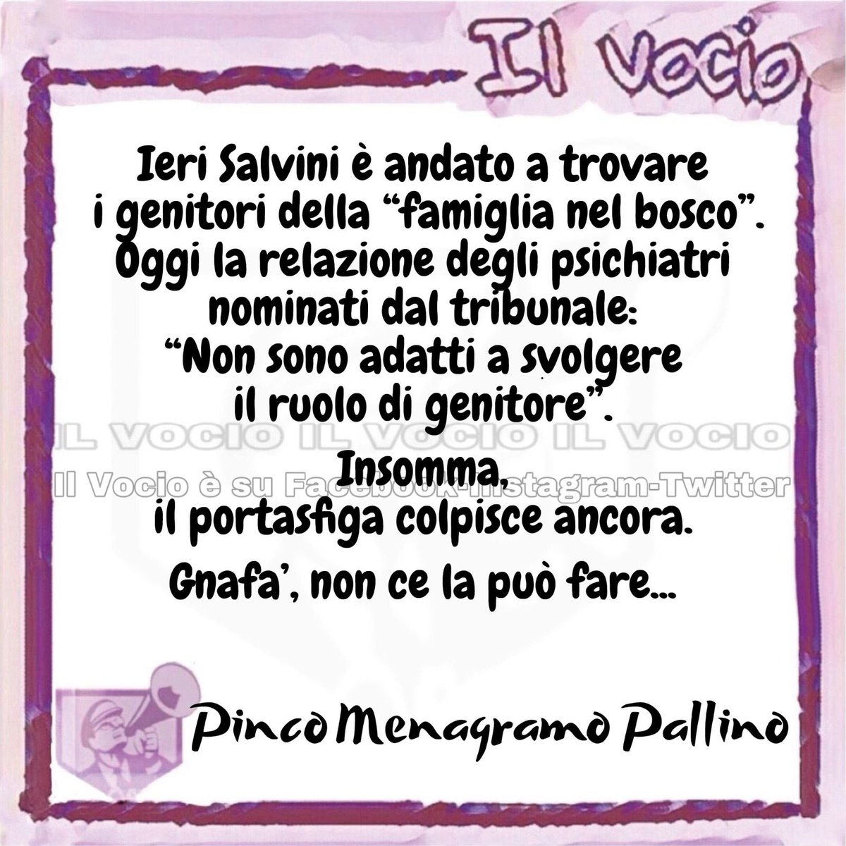 ilvocio's tweet photo. Pinco Menagramo Pallino #pincomenagramopallino #ilvocio #Salvini #famiglianelbosco #relazione #psichiatri #tribunale #inadatti #ruolo #salviniportasfiga https://t.co/64YgPCtoxw