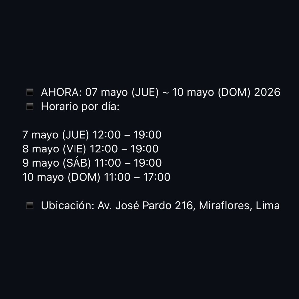 BLACKPINKPeru's tweet photo. [🚨] ¡ATENCIÓN BLINKS PERUANOS! 

Debido a unos inconvenientes, se ha modificado las fechas y horarios de la Pop-Up en nuestro país.

⭐️ 7 de Mayo (JUE) 12:00 - 19:00
⭐️ 8 de Mayo (VIE) 12:00 - 19:00
⭐️ 9 de Mayo (SÁB) 11:00 - 19:00
⭐️10 de Mayo (DOM) 11:00 - 17:00

¡COMPÁRTANLO! https://t.co/Vsp7vcTNNm