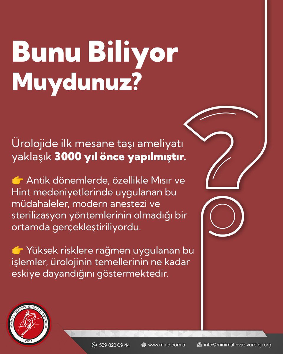 MIUD_DERNEGI's tweet photo. Bunu biliyor muydunuz? 🤔
İlk mesane taşı ameliyatı yaklaşık 3000 yıl önce yapıldı! 🏛️
Modern anestezi ve sterilizasyon olmadan yapılan bu müdahaleler, ürolojinin ne kadar köklü bir geçmişe sahip olduğunu gösteriyor.
#Üroloji #TıpTarihi #Minimalİnvaziv #SağlıktaEğitim https://t.co/9Ou633h7NX