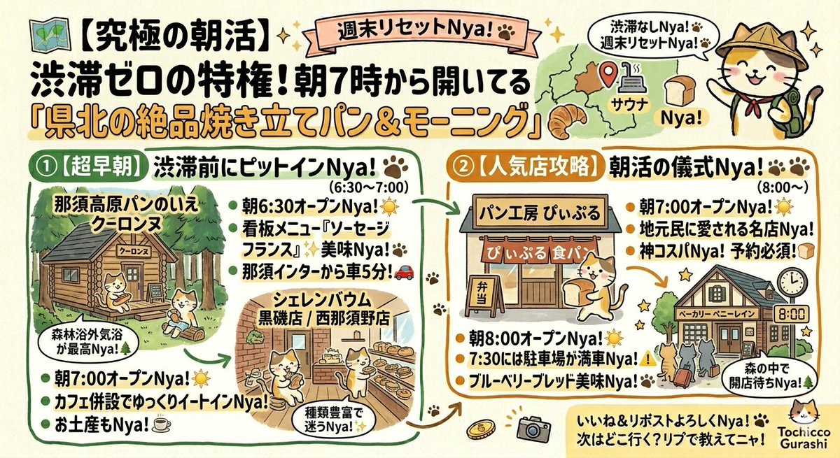 【GW渋滞回避の最適解🚗】
連休の那須街道、大渋滞に巻き込まれたくない人必見！

「早起きして、朝7時から開いてる絶品パン屋に行く」のがタイパ最強の朝活ルート🍞✨

澄んだ空気と焼き立てパンの香りで、最高のご褒美休日をスタートさせる🐾

失敗したくない人は絶対【保存】必須👇
