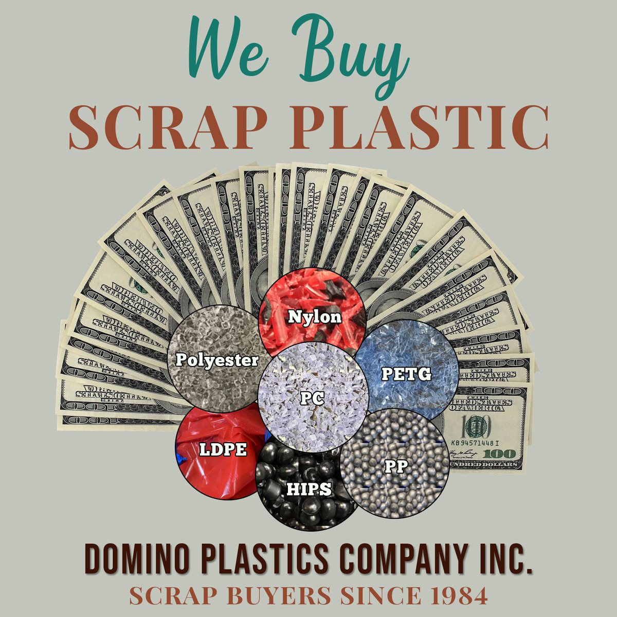 Domplas's tweet photo. We Buy Scrap Plastic! Send material offers to Joe@domplas.com, call (631) 751-1995, text (516) 972-5632. In business since 1984, Domino Plastics offers reliable, nationwide service. Visit: https://t.co/k5uUkJPeEg. #plasticbuyer #purge #regrind #recycle #sellscrap #recycledplastic https://t.co/uJDZJ5HifK