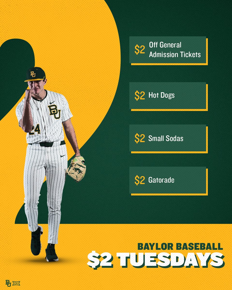 BaylorBaseball's tweet image. 𝗧𝗼𝗱𝗮𝘆'𝘀 𝗣𝗿𝗼𝗺𝗼𝘀: It's the final $2 Tuesday of the year! 🍿

Join us for discounted tickets, hot dogs, sodas and more at the Ballpark tonight 🥤🌭

#SicEm 🐻⚾️ | #Together