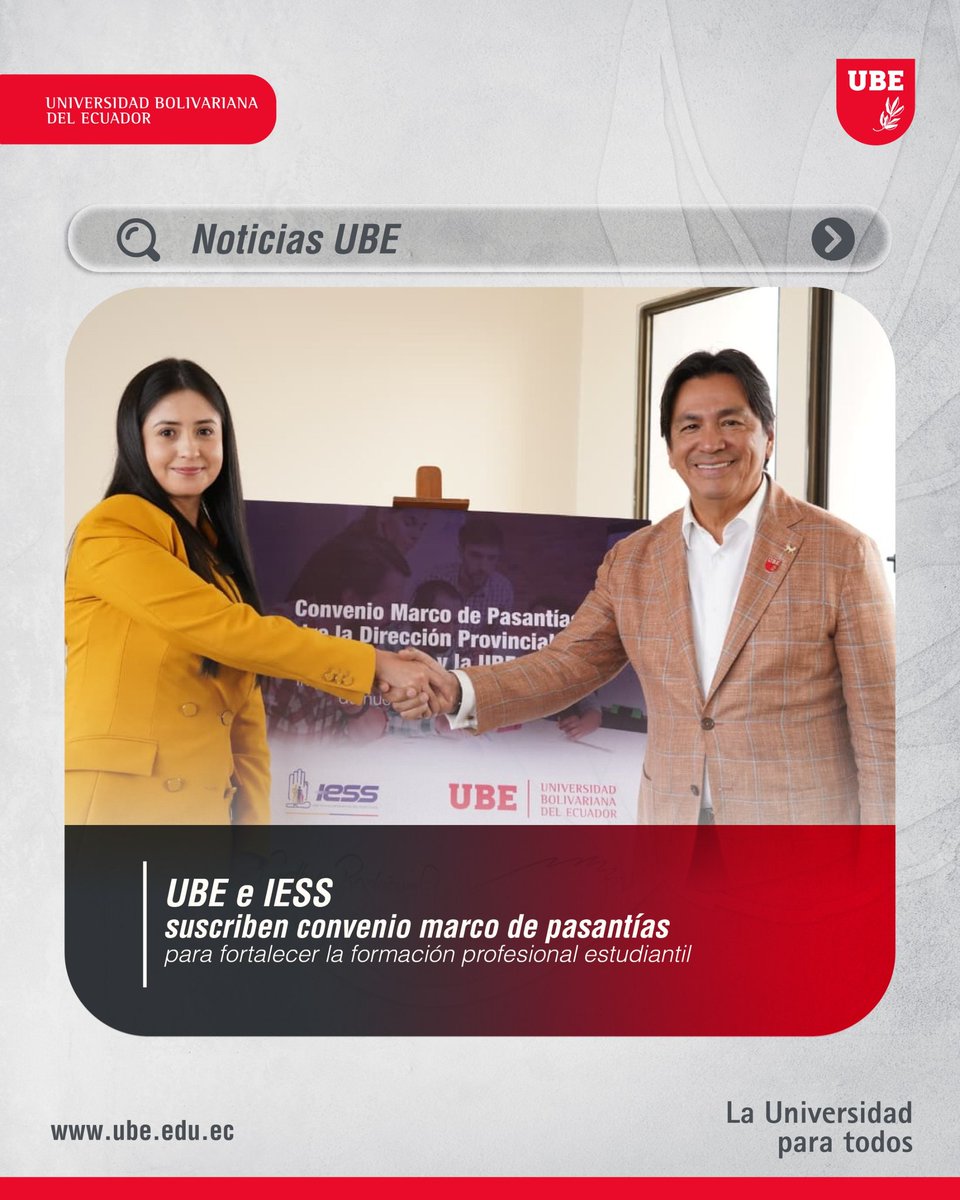 #NoticiasUBE | 🤝 UBE e IESS fortalecen la formación profesional con convenio de pasantías

La Universidad Bolivariana del Ecuador (UBE) suscribió este lunes 27 de abril de 2026 un Convenio Marco de Pasantías con el Instituto Ecuatoriano de Seguridad Social (IESS), con el