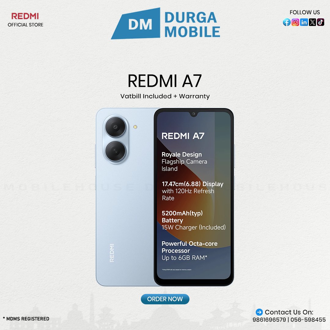 imDurgaMobile's tweet photo. REDMI A7 | ORDER NOW🛒

The Perfect Budget Phone You’ve Been Waiting For 📱
🛡️ 2 Years Warranty
📃 Vatbill + Warranty Included

DURGAMOBILE - Authorized Redmi Store

☎️ 9861696579 | 056-598455
📍 Indradev Margh Narayangarh
📩 DM US FOR MORE INFO

[ #durgamobilehouse  #redmiA7 ] https://t.co/zAvEha5Obj