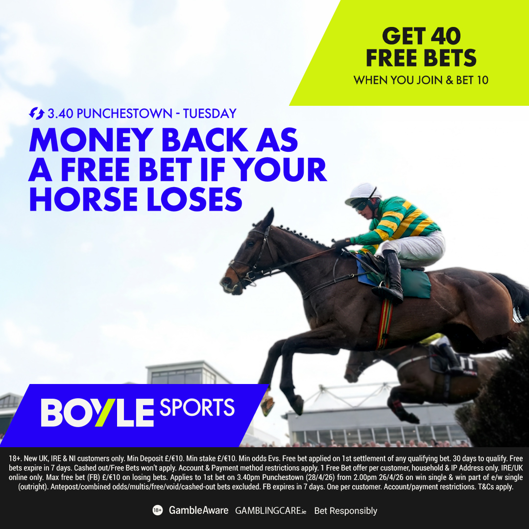 GetYourTipsOut's tweet photo. Bet £10 Get £40 in free bets at BoyleSports

+ MONEY BACK AS A FREE BET IF YOUR HORSE LOSES (3.40 Punchestown)

Claim here 👉🏻 https://t.co/rx7eWZqXvK

#ad 18+ New Customer Offer. GambleAware T&amp;Cs apply. Bet Responsibly. https://t.co/mB71KCFXpS