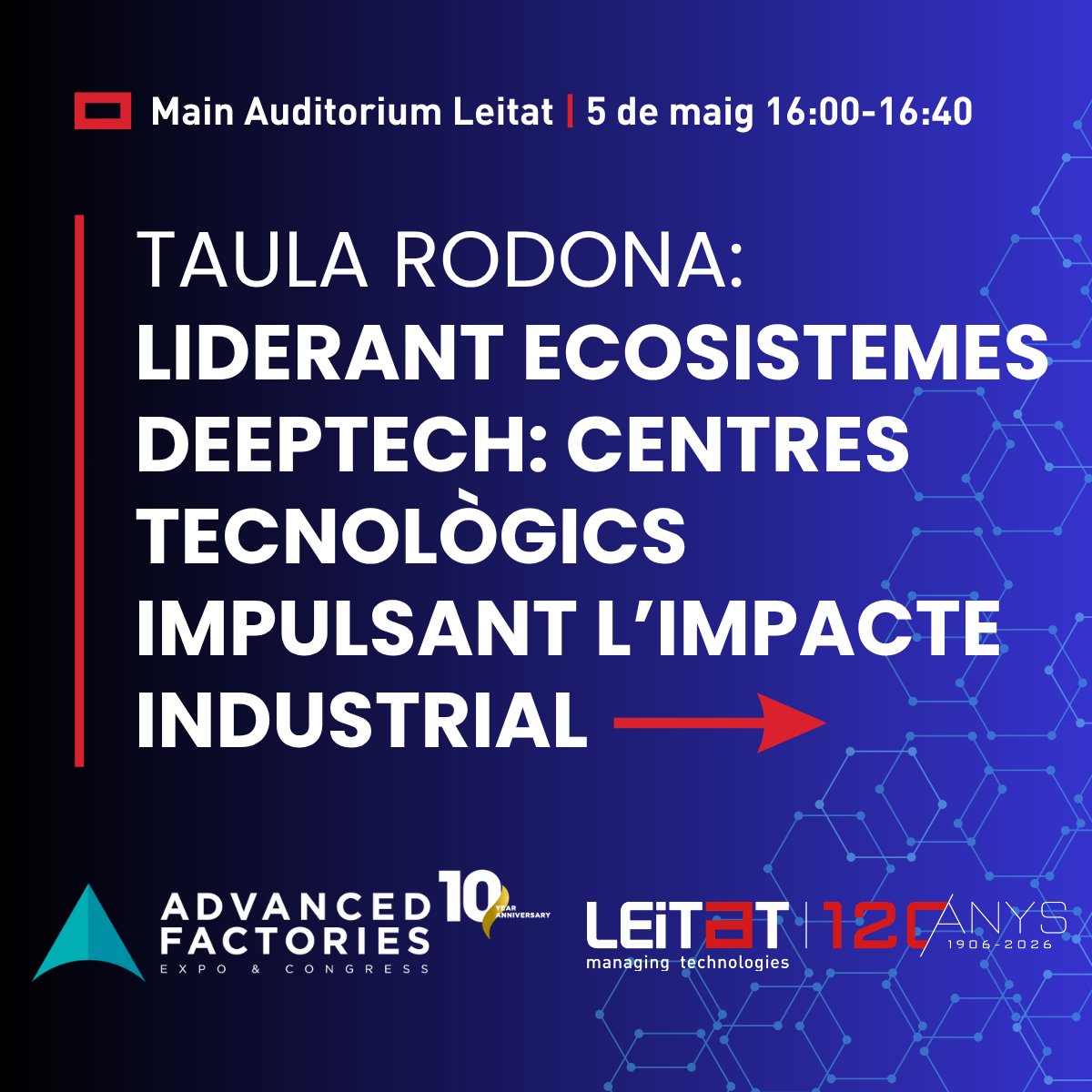 Leitat's tweet image. 🌐 Qui lidera els ecosistemes deeptech que transformen la indústria?

A #AF2026 analitzarem aquest lideratge en una taula rodona des de la mirada dels centres tecnològics, com a connectors de coneixement, talent i empresa.

📆 5 maig | 16:00–16:40
📍 Leitat

#Deeptech #Innovació