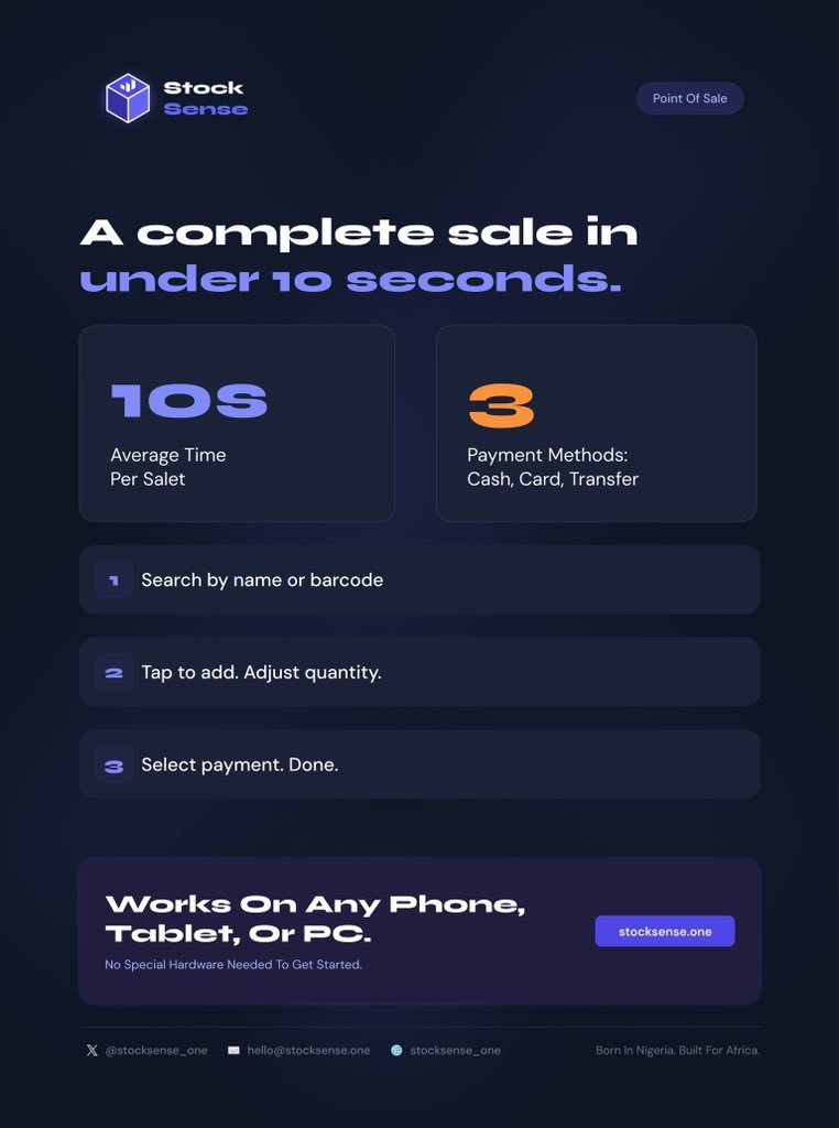 stocksense_one's tweet image. A complete sale in under 10 seconds. Cash, card, or transfer. 

StockSense POS is built for the speed of real business.
#POS #StockSense #NigerianRetail