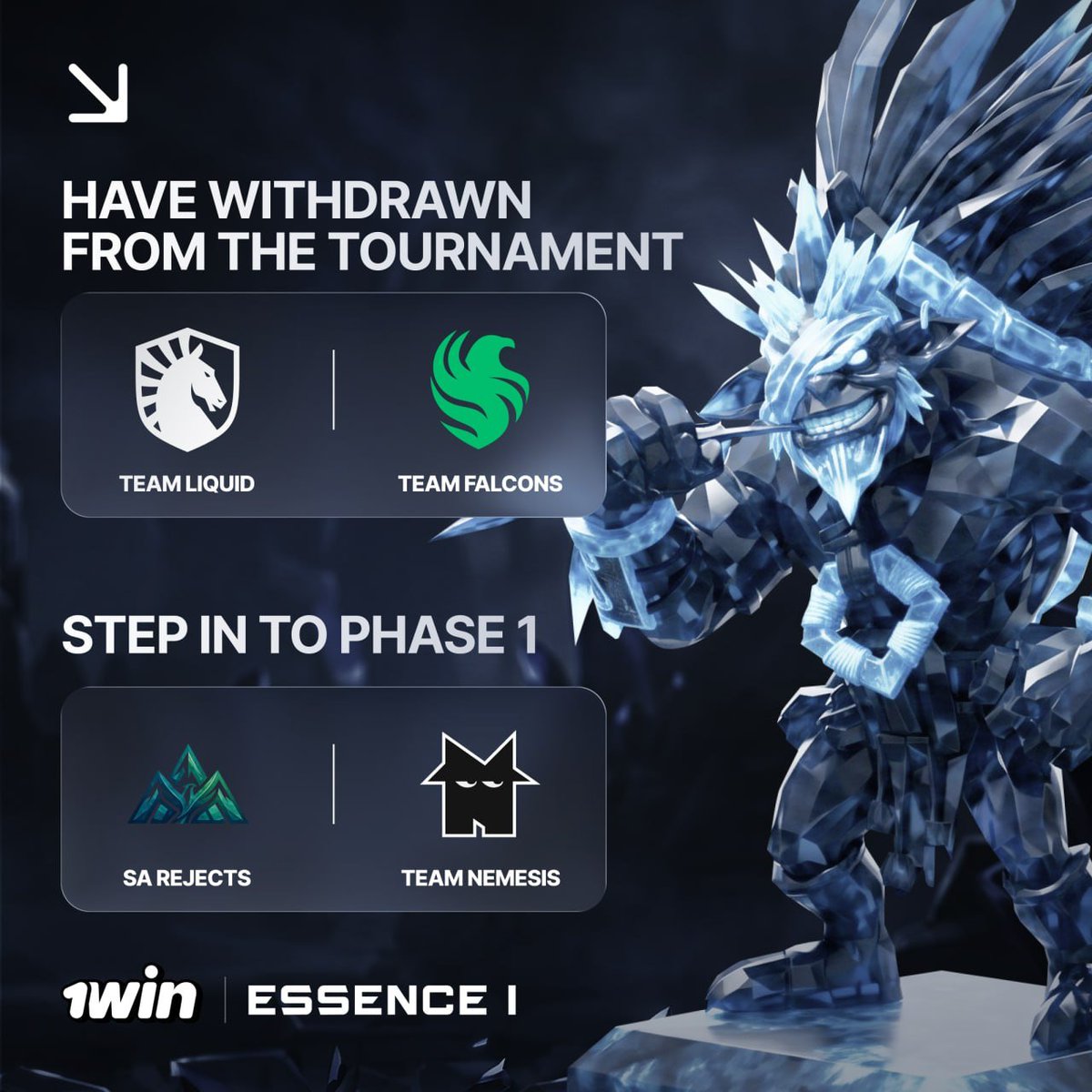 1win_essence's tweet photo. 🔄 1win Essence I UPDATE:

❌ @FalconsEsport and @teamliquiddota will miss the tournament. Their spots will go to teams in Phase 1.

🔥 SA Rejects and @nmss_gg step in as replacements for Phase 1.

📖 Phase 1 Format:

🔹 2 groups of 5: Bottom team from each group is out.
🔹 The rest head to Decider matches.
🔹 Winner 4 from Deciders advance to Playoffs.