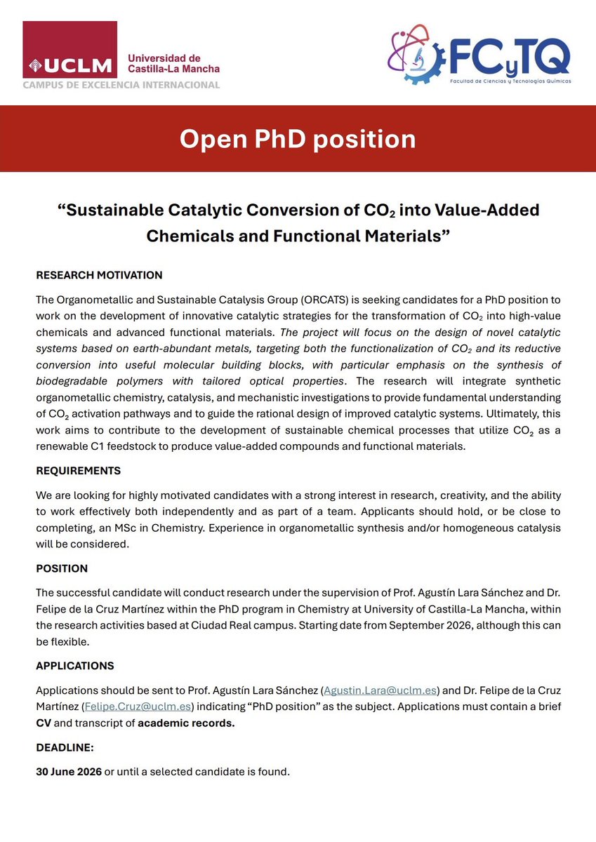 ORCATS_group's tweet photo. 📢🚨We’re hiring!
Interested in turning CO₂ into value-added compounds and functional materials? Join @ORCATS_group at @FCTQ_uclm @uclm_es for a funded PhD!
Details ⬇️⬇️
RTs appreciated🔄 https://t.co/A8qmbQb5c5