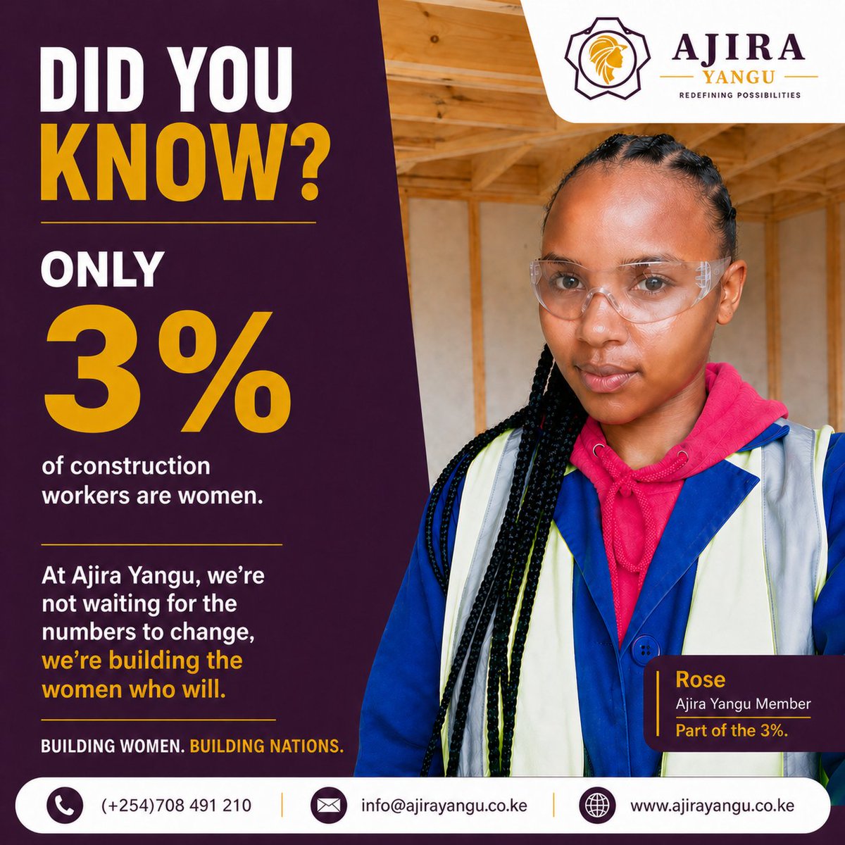 AjiraYanguKe's tweet image. Did you know?
Women make up just 3% of Kenya’s construction workforce not due to limited access and opportunity.
Meet Rose, breaking barriers &amp;amp; proving women belong in construction.
At Ajira, we’re equipping women with skills and opening doors
#WomenInConstruction #GenderEquality