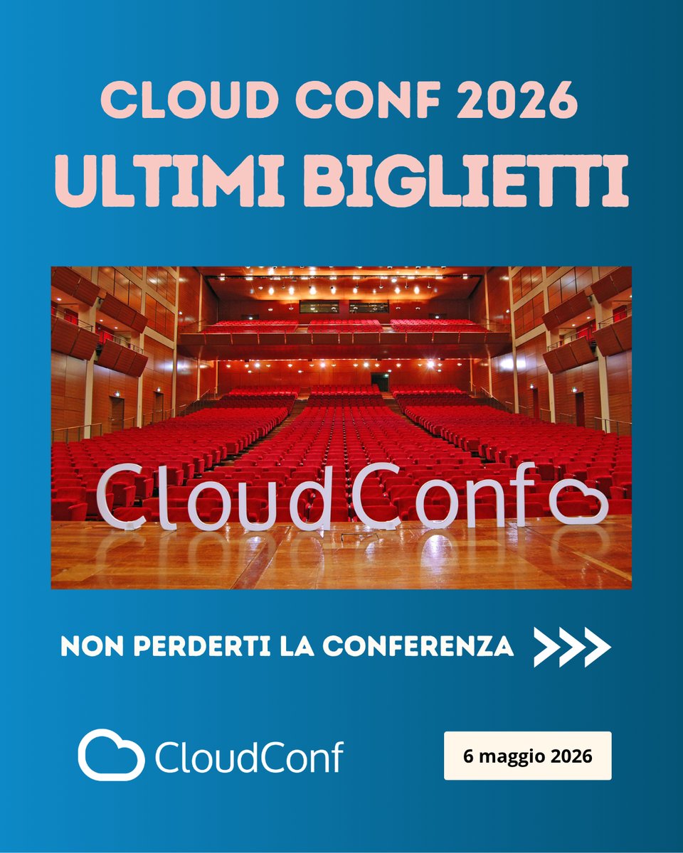 _CloudConf_'s tweet photo. 🚨 𝐔𝐥𝐭𝐢𝐦𝐢𝐬𝐬𝐢𝐦𝐢 𝐛𝐢𝐠𝐥𝐢𝐞𝐭𝐭𝐢 disponibili della #CloudConf2026!
Ti aspettano:
- 𝟐𝟓+ 𝐭𝐚𝐥𝐤 𝐝𝐢 𝐚𝐥𝐭𝐨 𝐥𝐢𝐯𝐞𝐥𝐥𝐨
- 𝟑 𝐨𝐫𝐞 𝐝𝐢 𝐧𝐞𝐭𝐰𝐨𝐫𝐤𝐢𝐧𝐠
- mentorship e contest

📍 Torino, 6 maggio

https://t.co/YDDKsmauxl

#CloudConf2026 https://t.co/dBxqJ3L75o