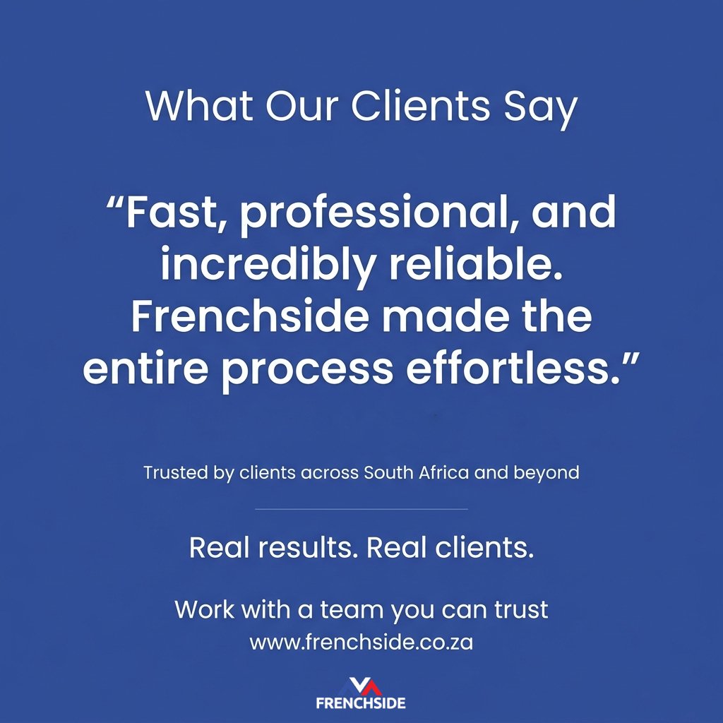 FrenchSideza's tweet image. Speed + Quality = The Frenchside Way. 

Making the "entire process effortless" isn't just a goal,it's our standard. Join the list of satisfied clients today.

Visit  frenchside.co.za to learn more.

#SocialProof #CustomerSuccess #Reliability