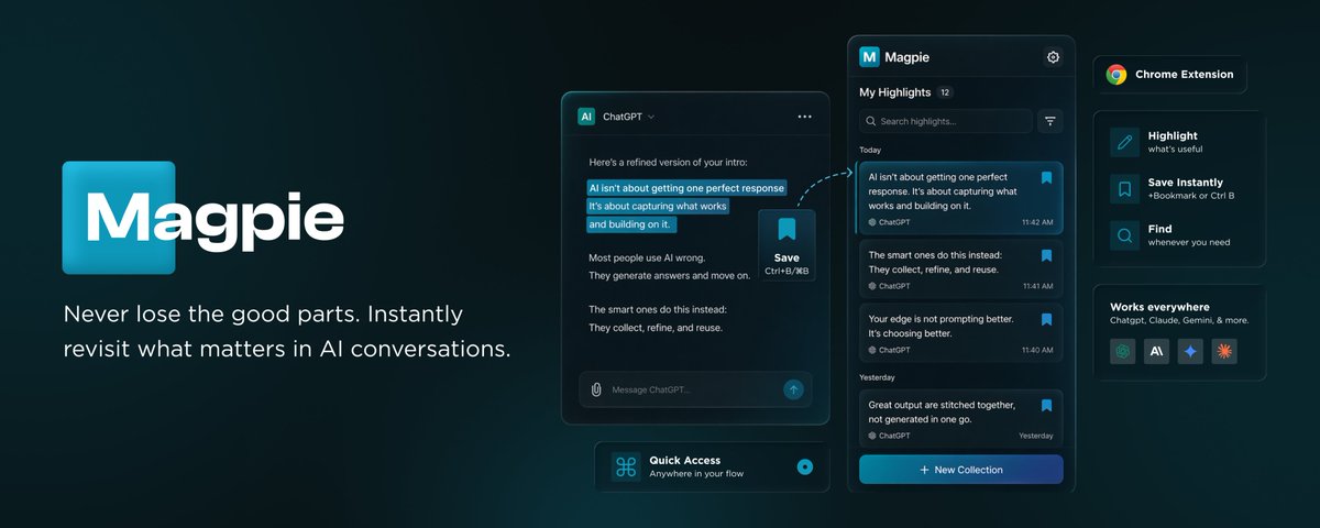 mugdhag007's tweet photo. No more going back and digging through AI chats
If it matters, just save it when you see it.

Finally finished building Magpie for this
highlight → save → find instantly🪄

that alone genuinely feels better😌

https://t.co/DfI84wDKnB https://t.co/67COxdmsRW