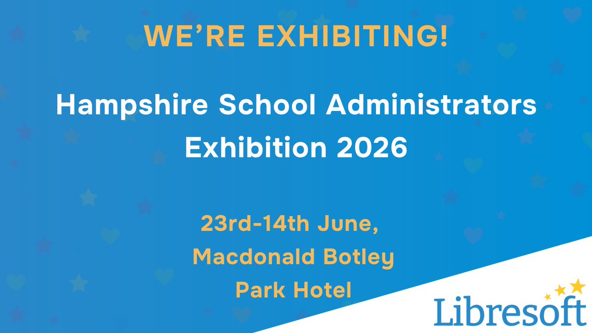 LibresoftUK's tweet photo. We're going to be at the Hampshire School Administrators Exhibition in June. We can't wait to see you, so come and say hi! 👋 https://t.co/ZTR9G8L0eG